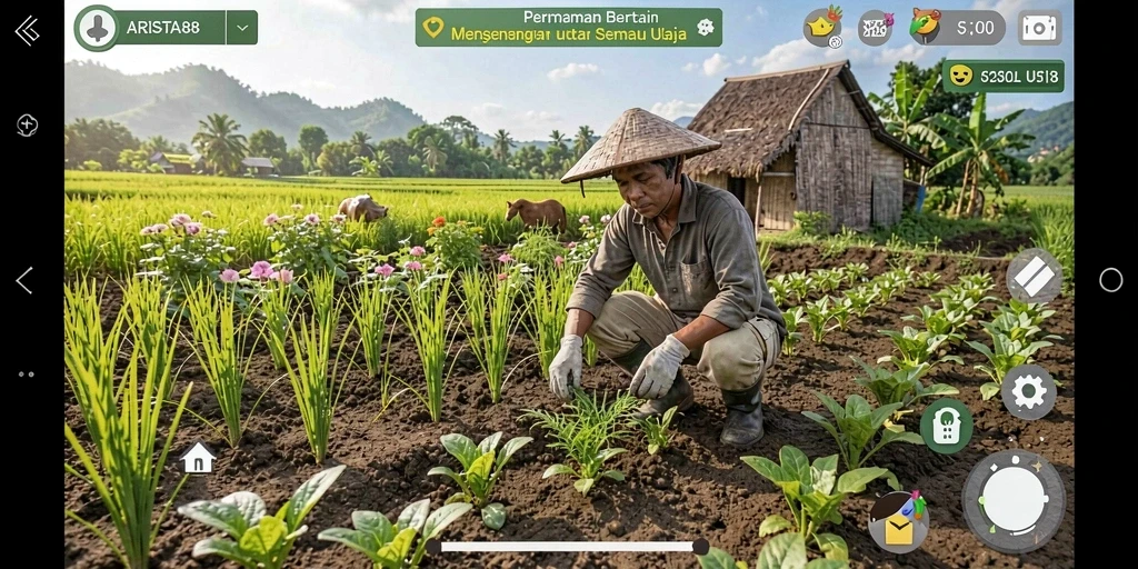Tampilan gameplay ARISTA88 dengan aksi bertani yang seru.