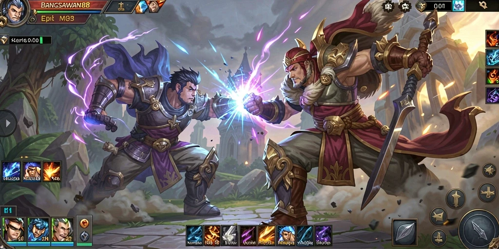 Screenshot gameplay BANGSAWAN88 menunjukkan pertarungan epik antar karakter.