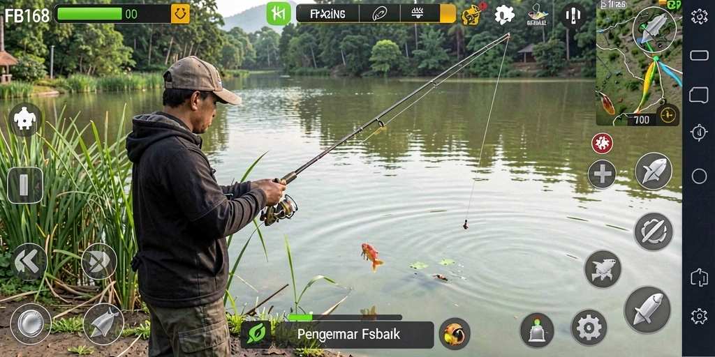 Gameplay FB168 yang menampilkan aksi memancing seru dan menantang.
