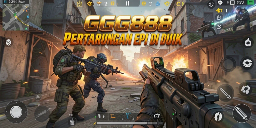Screenshot GGG888 menunjukkan aksi intens di medan perang FPS.