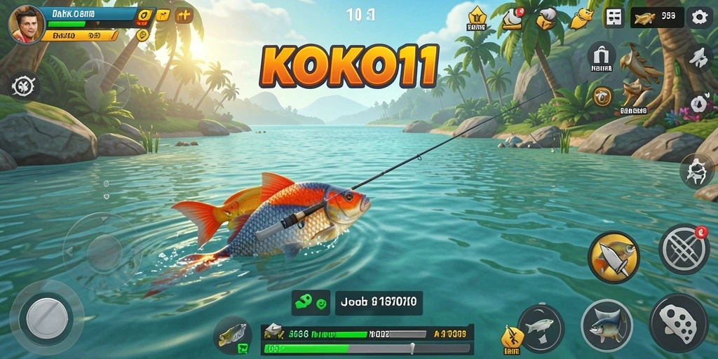 Screenshot gameplay KOKO11 yang menampilkan aksi memancing seru di laut.