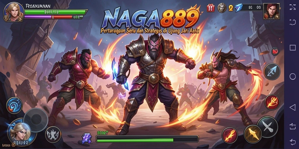 Tangkapan layar utama NAGA889 menampilkan aksi pertarungan seru dengan karakter unik.