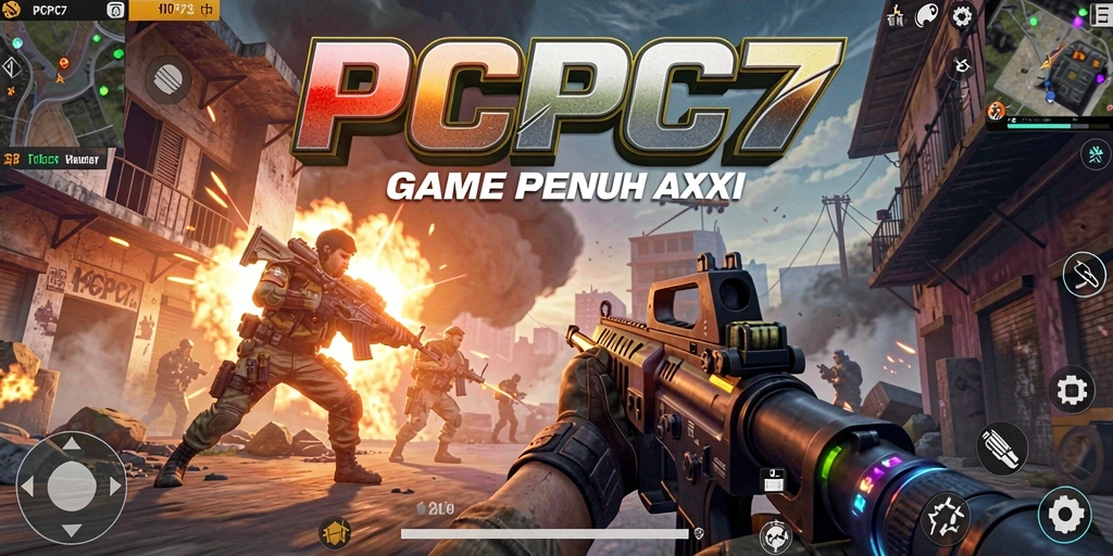 Screenshot utama PCPC7 menampilkan aksi tembak-menembak yang seru.