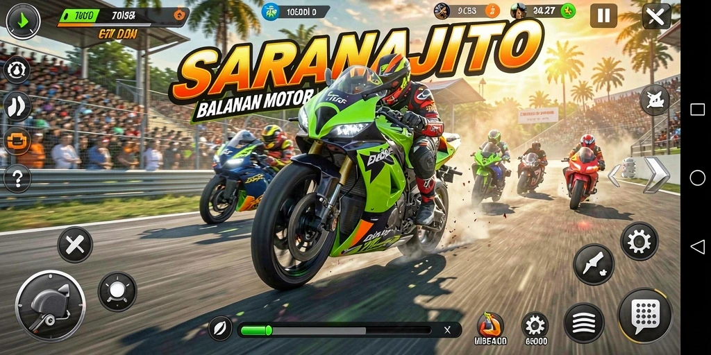 Tampilan menarik dari gameplay balapan motor SARANAJITU yang mendebarkan.